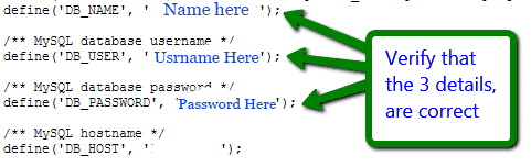 verify database name, username and password