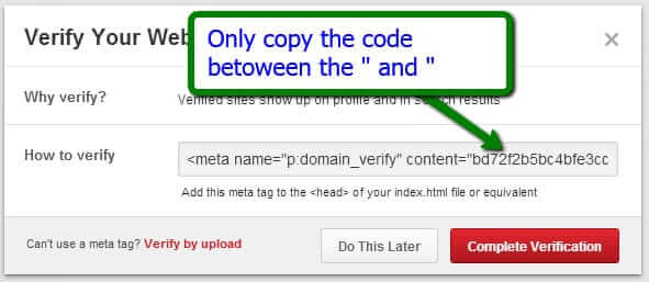Pinterest meta tag verification