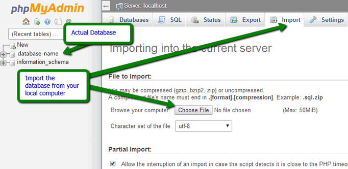 Import database in phpMyAdmin