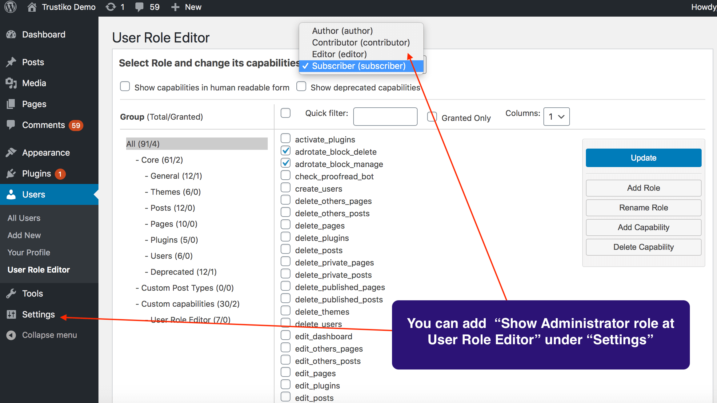 User Role Editor plugin