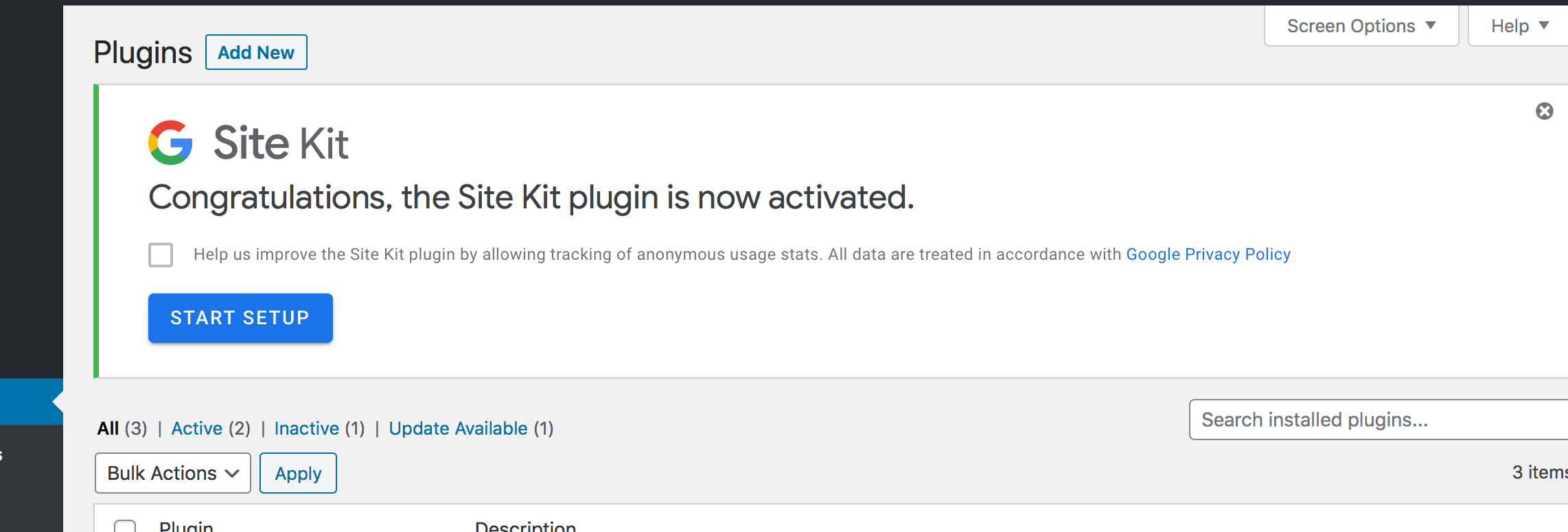 Starting the Site Kit plugin setup