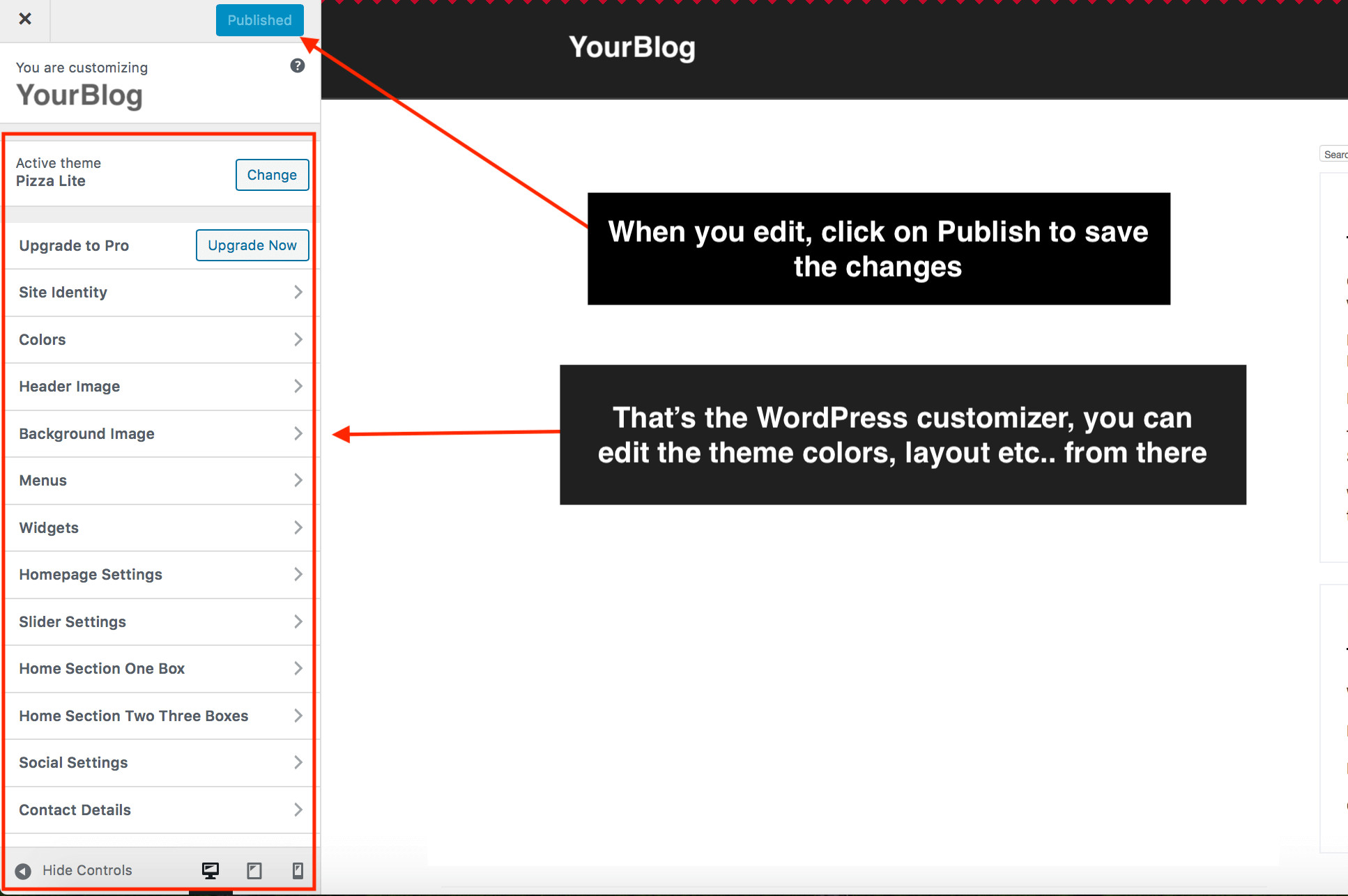 Accessing the the WordPress theme customizer