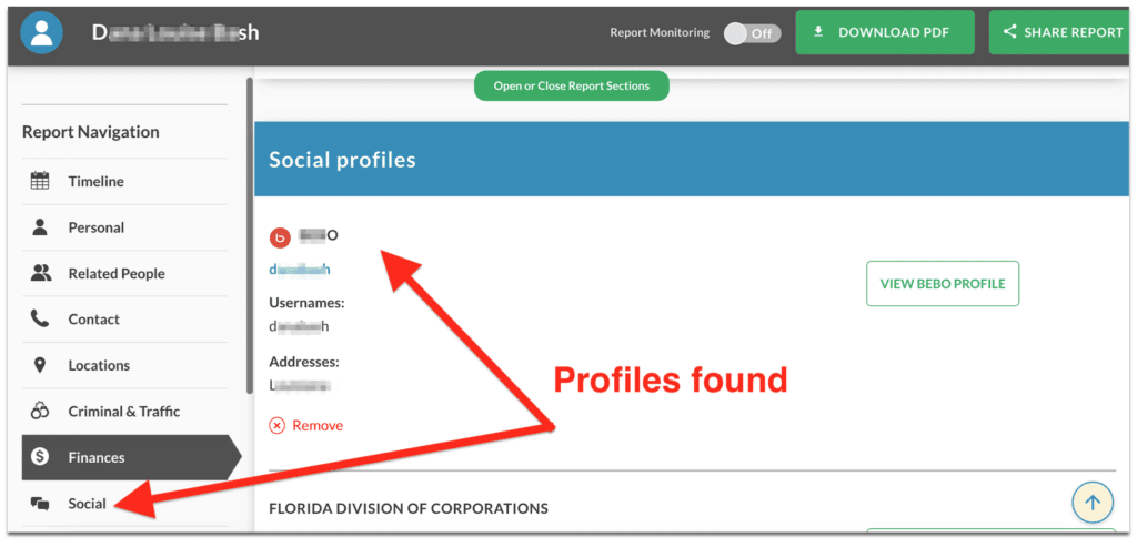 example of online profiles found