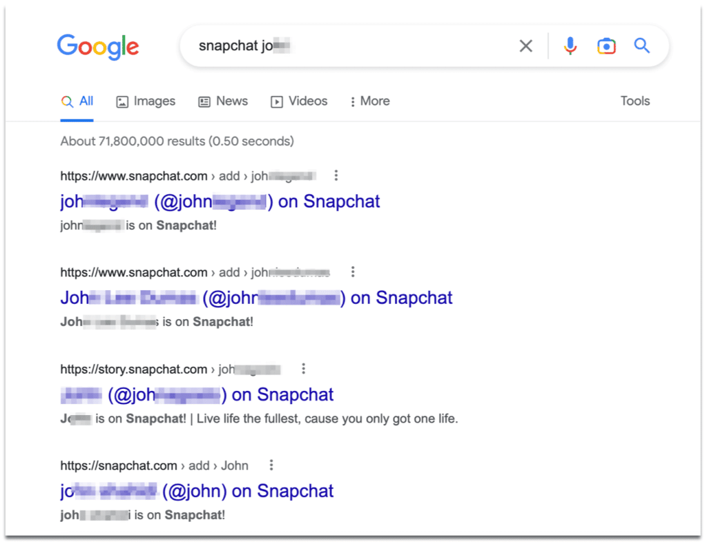 Finding a Snap user on Google